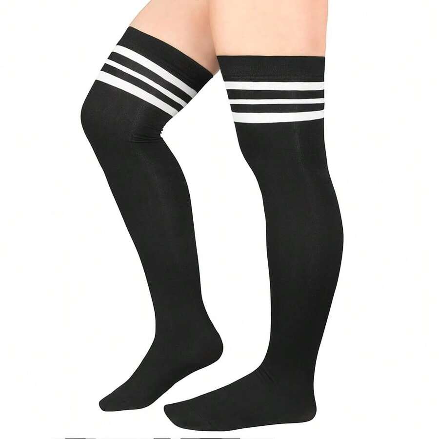 Zando Plus Size Thigh High Socks For Thick Thighs Women Striped Thigh High Stockings Over The Knee Socks Leg Warmers{"Size_name":"OneSize","Color_name":"ABlackStriped"} - AF黑色條紋 - 查看 1