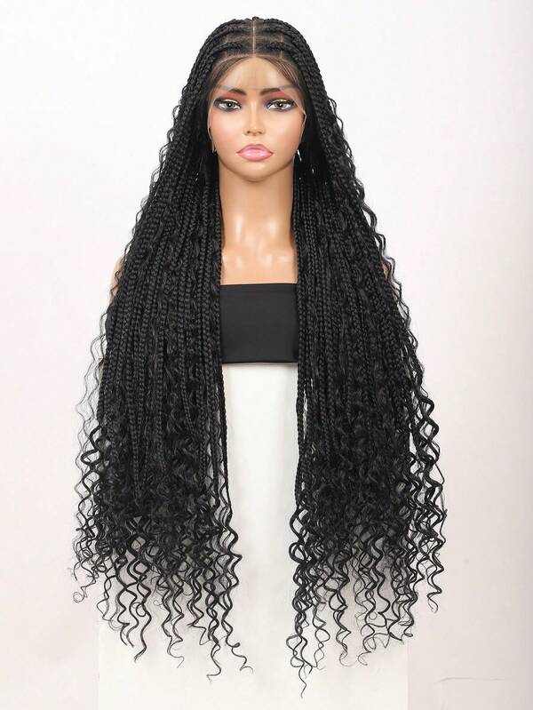 Perucas de renda boho trançadas com caixa, cabelo cacheado, 36" de renda dupla frontal, perucas trançadas com nó, cabelo de bebê com cachos boho, perucas de renda frontal sintética trançadas com caixa, uso diário