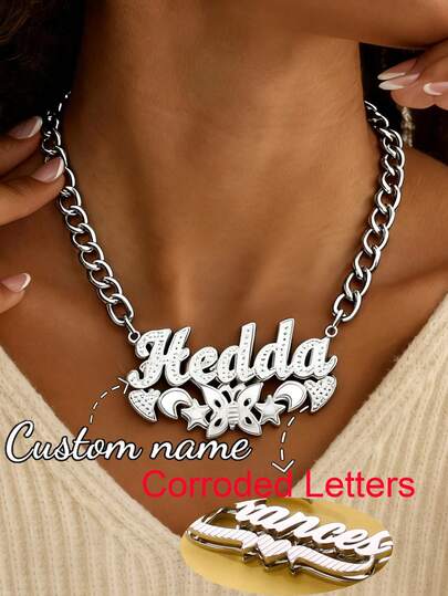Customized Heart-Shaped Lace Double-Layer Two-Color Car Flower Name Necklace, Personalized European And American Hip-Hop Style Double Name Crown Pendant, Stainless Steel Heart-Shaped Butterfly Stacked Necklace With 5NK Thick Chain Pendant, Suitable For Various Occasions As A Gift Or Personal Wear.