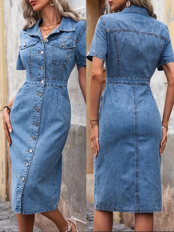 1pc Solid Color Denim Button Front Pocket Midi Skirt, Casual Autumn Plus Size Women