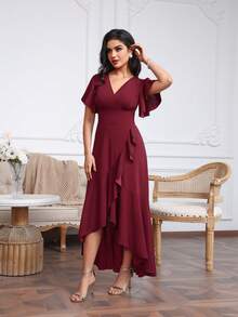 Babyonlinedress Long Formal Dresses For Women Gowns Evening Party Cocktail Dress,Split Elegant V Neck Wrap Ruffle Wedding Guest Dresses - Màu Đỏ Sâu - Xem 6