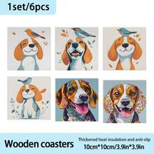 1 set/6 piezas Posavasos cuadrados de madera con diseño de Beagle feliz - Posavasos decorativos para tazas de café, bebidas, vino, cerveza para el hogar, bar, restaurante, perfectos para fiestas, bodas, cumpleaños - Tabla de madera-posavasos cuadrada - Ver 6