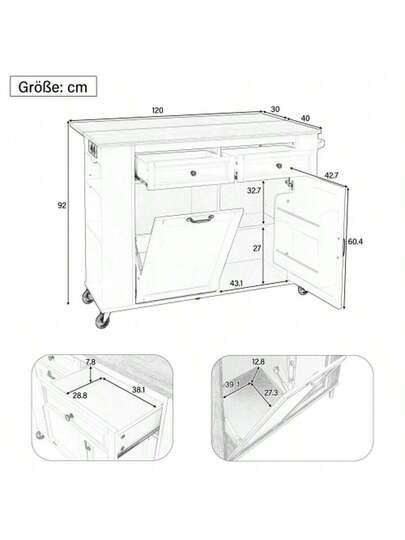 Kücheninsel Mit Rollen, Ausziehbarer Esstisch, Abfallbehälterfach Und tuchhalter, Mobile Servierwagen Steckdosenleisten, Ideal Für Küche Esszimmer (Weiß) view 2