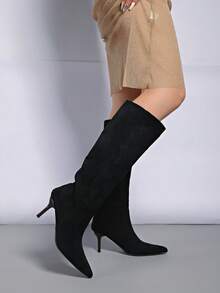 秋冬季尖头时尚百搭麂皮过膝长靴，猫跟，细高跟 - 咖啡棕 - 查看 3