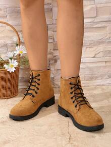 Women's Round Toe Lace-Up Yellow Fashion Boots - Brown - View 7
