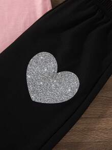 2pcs/Set Girls Casual Heart Print Short Sleeve T-Shirt And Long Pants Outfit, Regular Fit, Summer - Pink - View 8