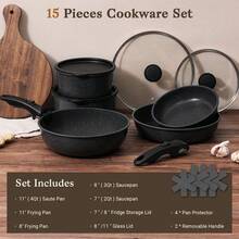15pcs Nonstick Cookware Set - Induction Compatible Granite Coated Pots & Pans Kit With Frying Pans, Kitchen Cooking Set With Stay-Cool Handles,Non Stick Cooking Set With Frying Pans Set & Saucepan, Black,Christmas Gift,Holiday Cooking,Christmas Dinner - 黑色 - 查看 3