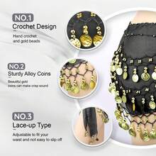 Dây đai eo múa bụng, khăn quấn hông phong cách Boho đính đồng xu vàng, khăn thắt lưng kiêm váy múa bụng cho nữ, phụ kiện váy lưới kim loại, thắt lưng đính đồng xu cho múa. - Nhiều màu - Xem 3