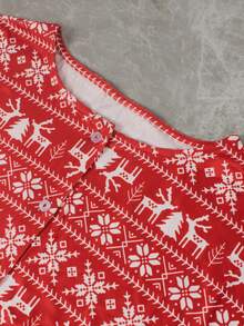 2 piezas Conjunto de pijama de mujer casual con estampado de Feliz Navidad y Año Nuevo, de punto acanalado con cordón, de manga larga y pantalones, adecuado para uso en casa, ropa de invierno - Rojo - Ver 7