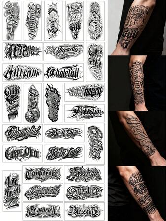 3Pcs Tattoo Temporary Tattoos Semi Permanent Tattoo Gothic Y2K Chicano Letter Waterproof Sweatproof Last For 1-2 Weeks Realistic Herbal Juice Anti-Friction Non-Reflective Black For Woman And Men Tattoo Stickers For Arm, Chest, Leg, Abdomen, Waist, Finger, Neck, Spine, Modernist Body Art