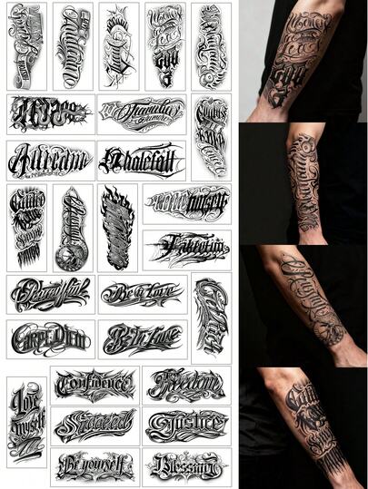 3Pcs Tattoo Temporary Tattoos Semi Permanent Tattoo Gothic Y2K Chicano Letter Waterproof Sweatproof Last For 1-2 Weeks Realistic Herbal Juice Anti-Friction Non-Reflective Black For Woman And Men Tattoo Stickers For Arm, Chest, Leg, Abdomen, Waist, Finger, Neck, Spine, Modernist Body Art