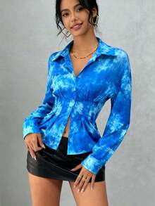 女式蓝色扎染长袖衬衫领衬衫，正面有纽扣和系带细节，常规版型涤纶上衣 - 藍色 - 查看 7