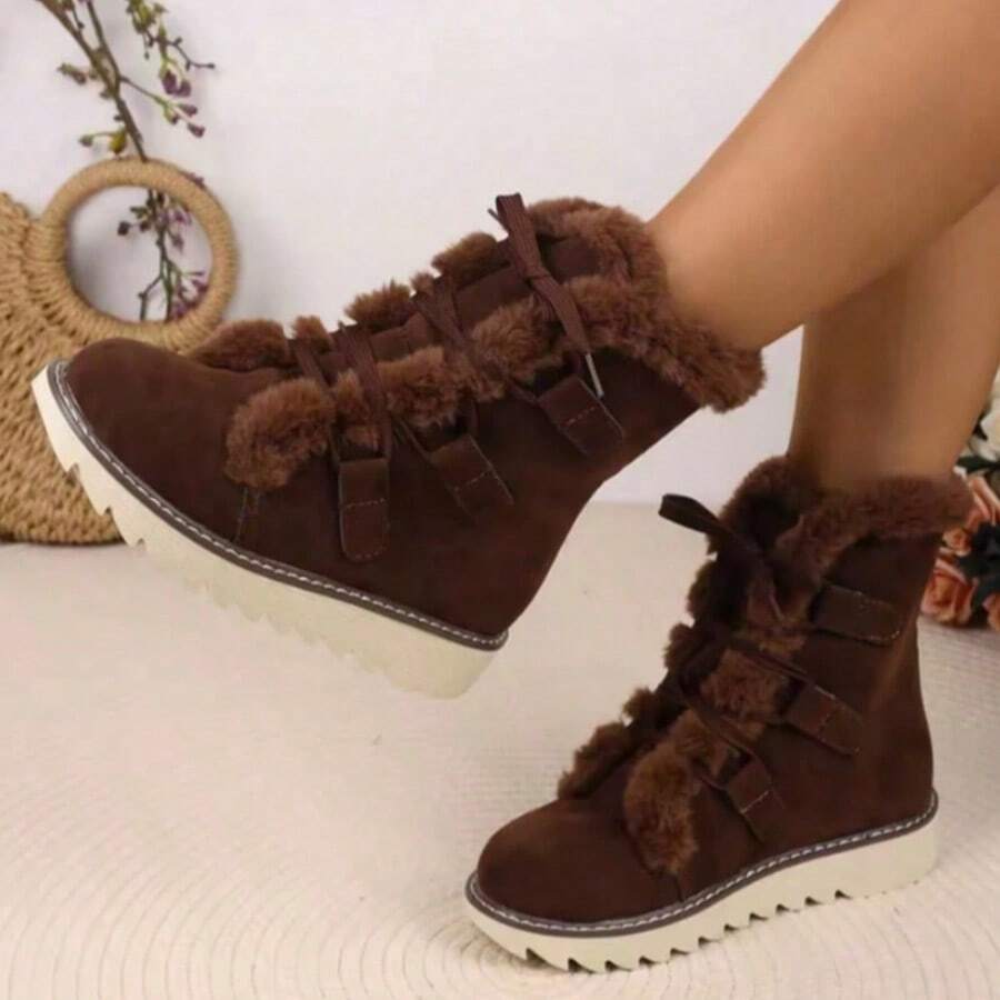 New Women's Winter Velvet Mid-Calf Warm Boots, Snow Boots, Fashionable And Versatile Lace-Up Non-Slip Thick-Soled Boots - 棕色 - 查看 1