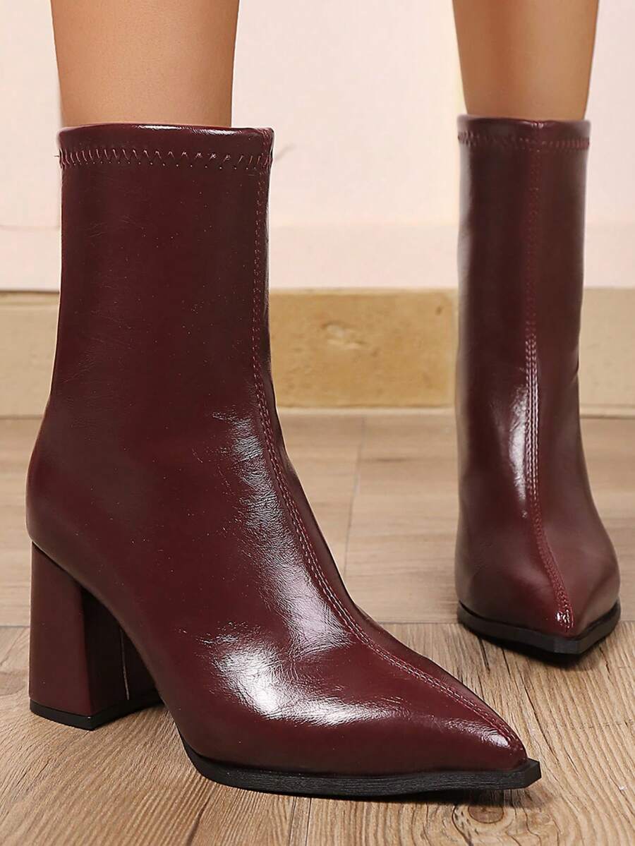 2025 Spring/Autumn New Pointed Toe High Heel Ankle Boots, Burgundy Office & Holiday Wear - Brown - View 1