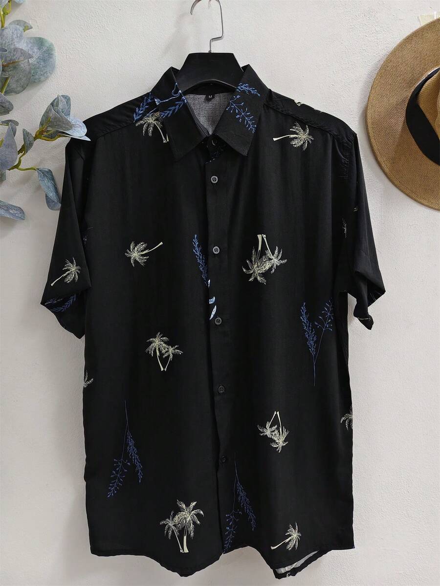 Men's Hawaiian Floral Beach Shirt, Summer Style, Short Sleeve, Button-Down, 100% Viscose Fabric (Shrinks A Little). - Black - View 1