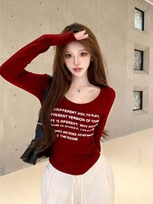 复古坏蛋字母印花保暖内衬长袖打底衫，修身款，秋冬 - 紅色 - 查看 2