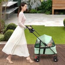 Carrito plegable 2 en 1 para perros y gatos, con ventana de malla y portavasos, ideal para perros y gatos pequeños. - Verde - Ver 4