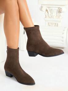 Giày bốt thời trang nữ, giày bốt cổ ngắn mũi nhọn, gót dày, kiểu dáng mới, màu đỏ đô gợi cảm - Cà phê nâu - Xem 14