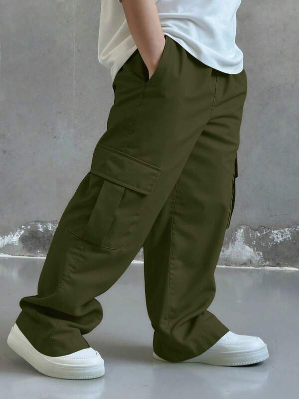 1 pieza Pantalones cargo rectos versátiles, casuales, cómodos, de estilo callejero, para ir al colegio, vacaciones y uso diario, resistentes a la suciedad, con múltiples bolsillos, para niños pequeños, para primavera/verano/otoño/invierno
