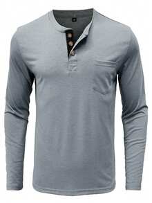 Plus Size Men's Spring & Autumn Long Sleeve Henley Casual T-Shirt, Fall - Grey - View 3