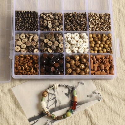 Kit de fabricación de joyas de estilo vintage con cuentas de madera y cáscara de coco - Surtido de cuentas de madera natural para hacer pulseras y collares, juego completo de suministros para el arte del bordado