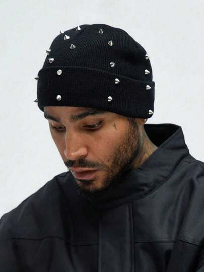 1PC Men's Punk Rivet Knitted Hat, Gothic Skull Hat, Winter Warm Men's Beanie For Street Wear. Autumn