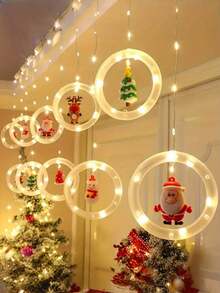 1 pieza Juego de luces LED tipo cortina navideña cálida, incluye patrones de Papá Noel, renos, muñeco de nieve y árbol de Navidad con 3 metros y 112 luces LED, luces de decoración navideña alimentadas por USB, adecuadas para el hogar, dormitorio y decoración festiva, decoración colgante interior