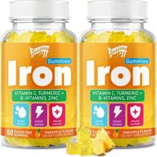 2 paquetes de Gominolas de hierro con multivitaminas para adultos y niños - Enriquecido con vitamina B6, B12, C, zinc y ácido fólico - Para la salud de la sangre y el aumento de energía - Sabor a piña, apto para veganos, 120 gominolas - Nombre del sabor B - Ver 1