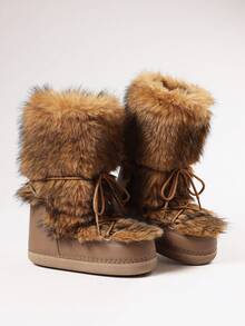Faux Fur Snow Boots For Women Fuzzy Fluffy Furry Lace Up Mid Calf Boots Winter Warm Fur Boots For Christmas - 棕色2 - 查看 9