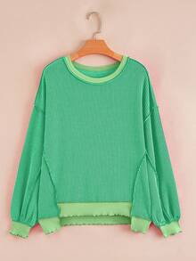 Acelitt Autumn Solid Color Textured Striped Cuffed Long Sleeve Casual Loose Crew Neck T-Shirt