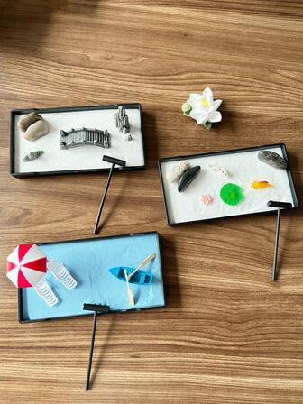 禅意花园套装 - 精致日式迷你假山装饰礼品套装，适合家居、办公桌摆放。禅意沙盘花园，沙盘疗法桌面冥想室