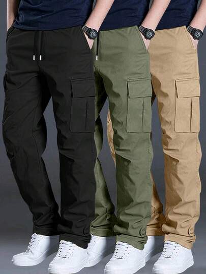 3 件套男士休闲多口袋纯色工装裤，宽松舒适街头长裤，适合海滩、日常通勤、运动训练、户外、健身、慢跑，百搭直筒裤，适合夏季、秋季服装