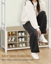 Hzuaneri Garderobenständer mit Schuhbank, Garderobe mit 13 Haken, 14 Offene Fächer, Verstellbare Ablagen, Kleiderständer für Flur, Eingangsbereich, 108 x 31 x 187 cm, Eichefarben-Weiß