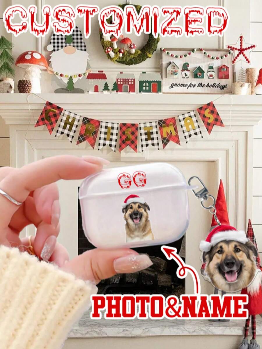 1 Set Christmas Design Customized Earphone Case + 1 Customized Keychain, Personalized Fashion TPU Soft Earphone Case With Cute Text Design, Compatible With Apple Earphones 1/2/3/4/Pro/Pro2, DIY Anniversary Gift - Multicolor - View 1