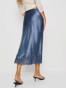 Women Silk Satin Half Slip Long Skirts Lace Patchwork Elastic Waist Long Skirt Elegant Silky Flowy A Line Midi Skirts - Màu xanh lam - Xem 3