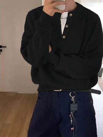 メンズ コンフォータブル ミニマリスト ボタンディテール 長袖 クルーネック セーター、カジュアル 多用途 デイリーウェア、秋冬