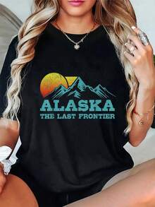 100% Cotton Alaska The Last Frontier Vintage Souvenir T-Shirt Women's Men's Summer Vacation Soft Tee Relaxed Fit Classic Comfort Tops - 黑色 - 查看 5