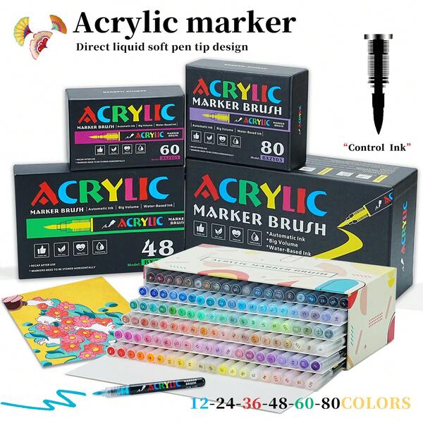 12/24/36/48/60/80 Straight Liquid Soft-Tipped Acrylic Marker, Suitable For Painting, Sketching, Marking, Etc., Waterproof And Water-Resistant. Perfect For Halloween, Christmas Gifts, And Back-To-School Art Classes For Students.