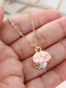 1 pieza Collar con colgante de concha de cristal de color degradado pintado de aleación de zinc para niñas, adecuado para uso diario casual - Rosa - Ver 5