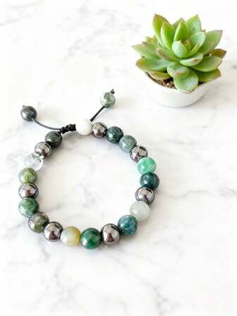 1pc Two-Tone Minimalist Tiger Eye & Black Agate Adjustable Bracelet For Men, Suitable For Daily Casual Wear, Yoga, Meditation, Healing, Health