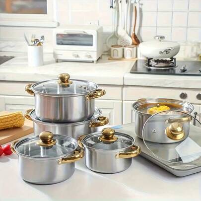 Senmeo 410 Stainless Steel Non-Stick Cookware (12pc), Easy-Clean Design For Home/Camping/RV Travel
