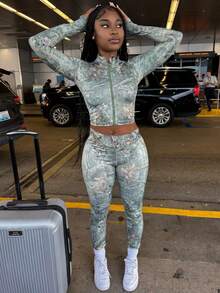 Autumn Retro Style Fashion Slim Fit Floral Pattern Cropped Top Tight Trousers Daily Street Women's Suit