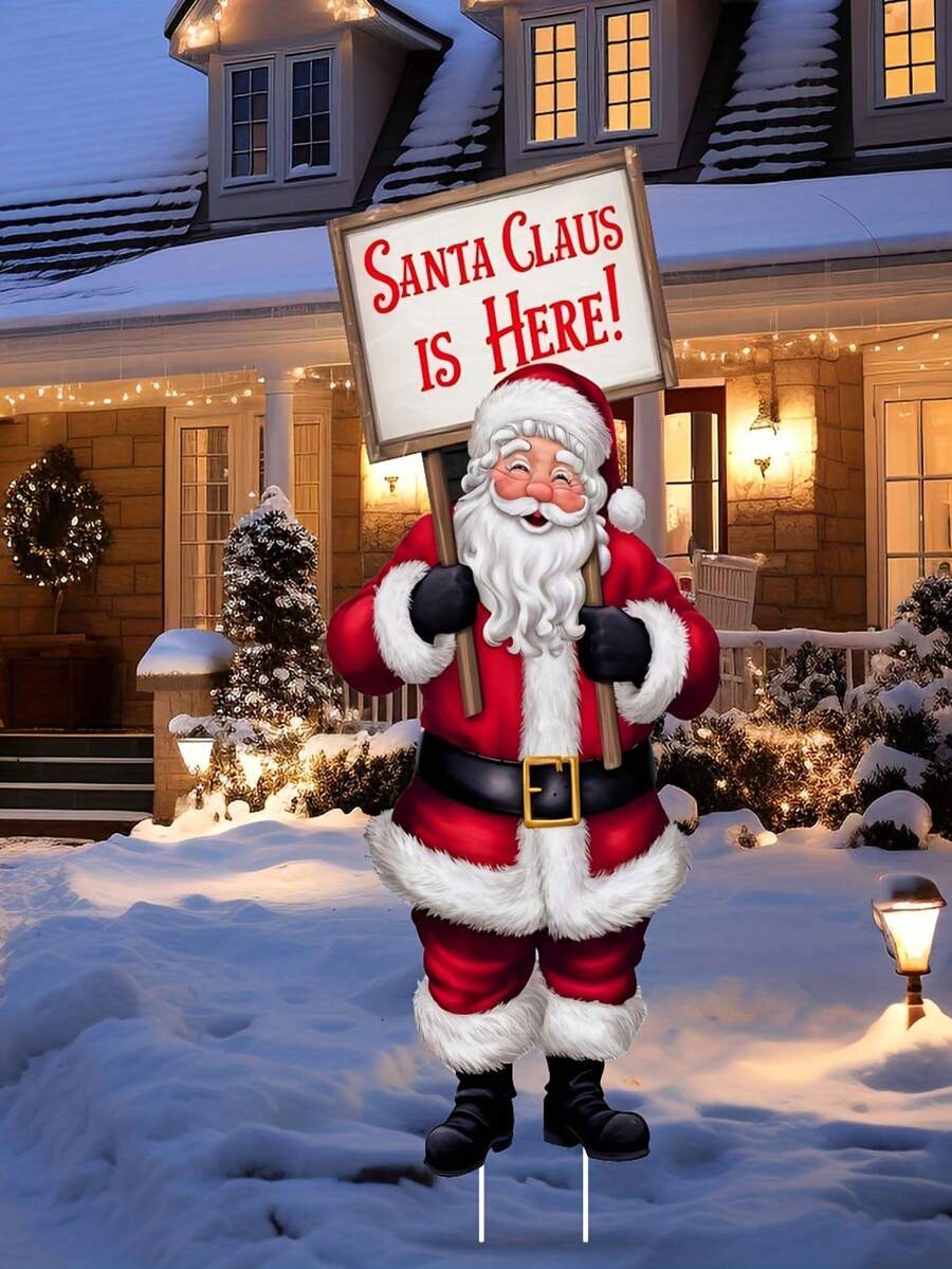 1pc Christmas Santa Claus Yard Sign, Outdoor Lawn Decoration, Plastic Material Sign, Santa Claus Element With "Santa Claus Is Coming!" Message, No Electricity Required, No Feathers, Christmas Holiday Theme Decoration, Outdoor Lawn Yard Decoration, Festival Party Decoration - Multicolor - View 1