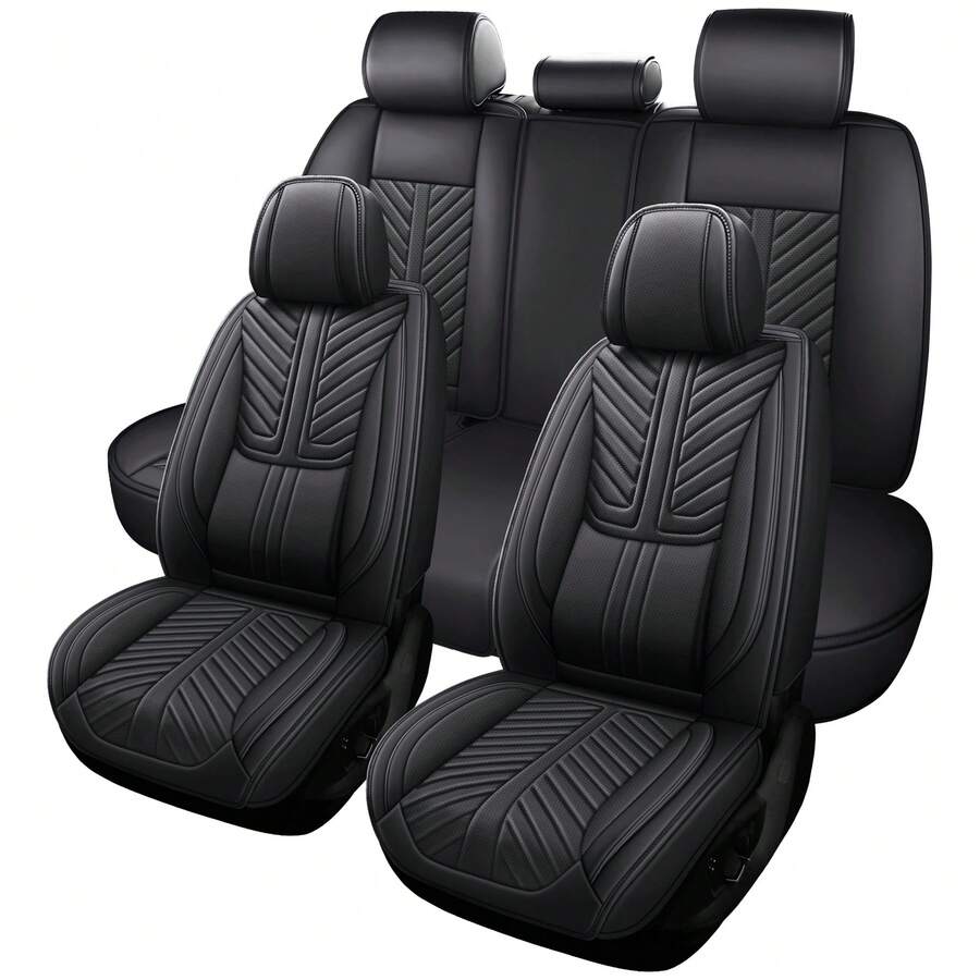 Nappa Leather 5 Seat Luxury Car Seat Covers Full Set Cushion Protector Fit Single Front Seats And Solid Bench 40/60 50/50 60/40 Split Bench Back Universal Fit For Most Cars 4 Season Use - màu đen - Xem 1