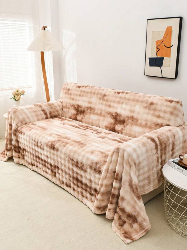 1pc Anti-Slip Plush Warm Faux Mink Plush Tie-Dye Dark Coffee Bubble Striped Sofa Blanket, Suitable For Spring, Summer, Autumn, Winter