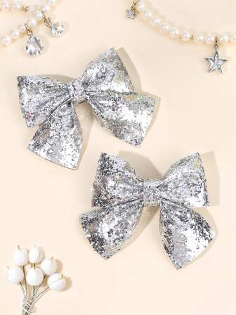 2 piezas Lazos de pelo lisos con chispas para niñas, con clips de cocodrilo cubiertos de lentejuelas plateadas, accesorios de pelo para fiestas, bailes, brillantes y geniales para niñas adolescentes