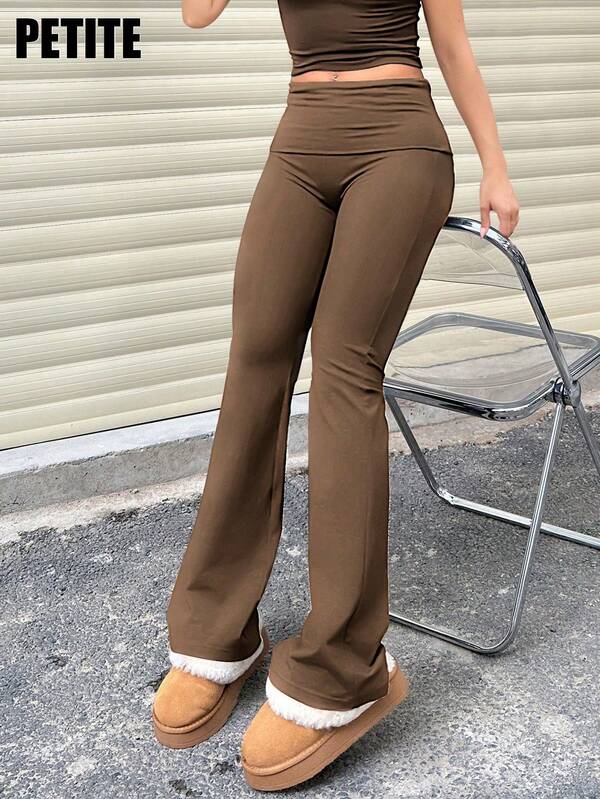 Einfarbige, lässige Schlagleggings mit umgeschlagener Taille für Damen