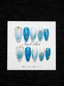 10 pezzi di adesivi per unghie fatti a mano, design 3D a conchiglia e stella marina, stile marino, colore blu, rimovibili e riutilizzabili, sbiancanti ed allunganti, stile cat eye di alta qualità, ottimo regalo