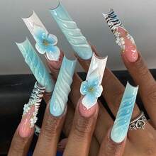 Exquisite Fashion 3D Three-Dimensional Fake Nails Sweet Cool Lines Wind Blue Nail Surface Cute Flowers Gorgeous Broken Diamond Stars - SGCY-526 - 查看 1