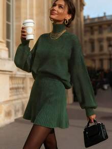 女士时尚优雅秋冬深绿色针织毛衣上衣短款毛衣裙两件套 - 綠色 - 查看 5